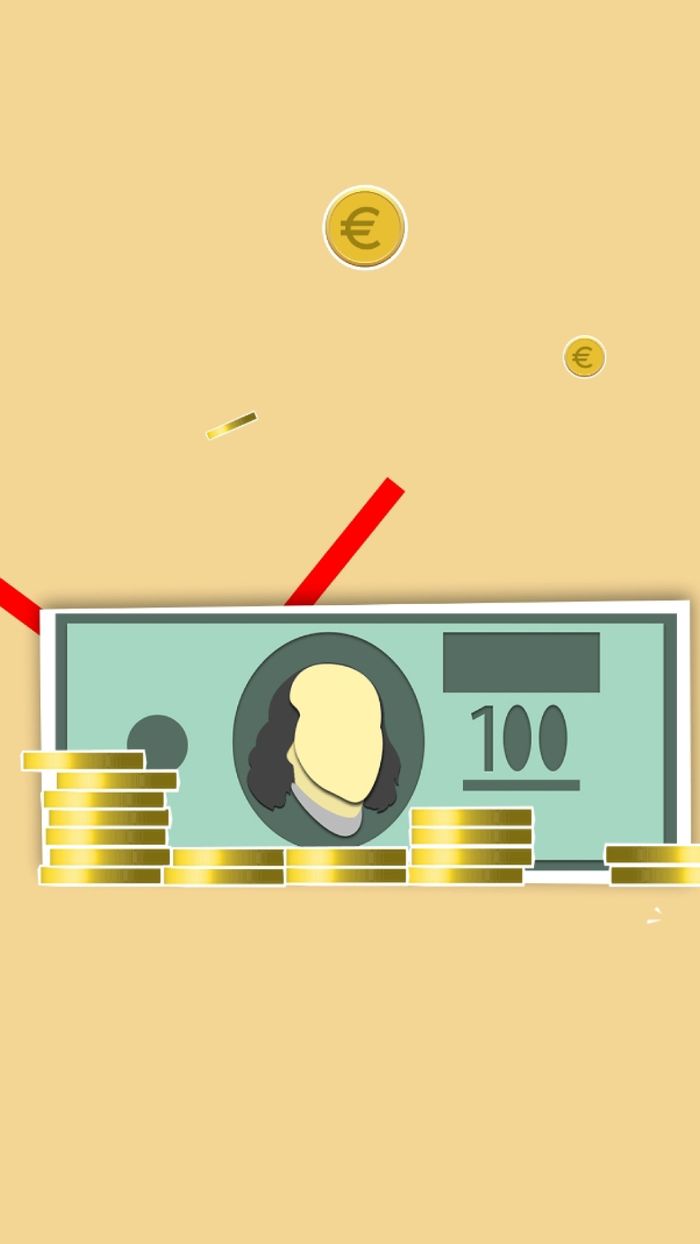 Home Creative illustration with dollar bill and coins representing financial concept on yellow background